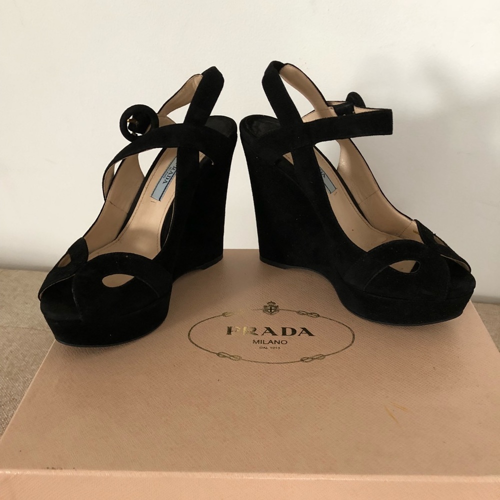 SALE Prada Rare Black Suede ‘Jasmine’ Wedges w Box
